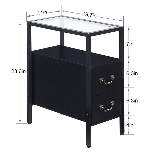 VECELO Black End Table Narrow Side Table 2-Drawers & Open