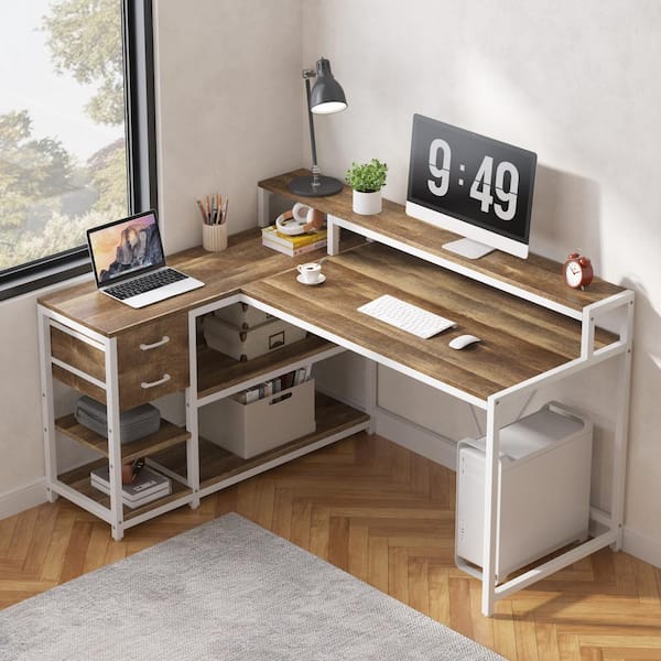 Lanita 55.1 in. Reversible L Shaped Desk Brown and White Engineered Wood 2-Drawer Computer Desk Storage Shelves