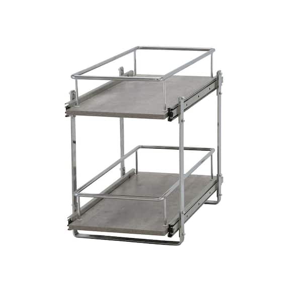 HOUSEHOLD ESSENTIALS Chrome and Faux Concrete Sliding 2-Tier Steel Dual Shelf Under Sink Shelving Unit 12 in. W x 16 in. H x 21.75 in. D