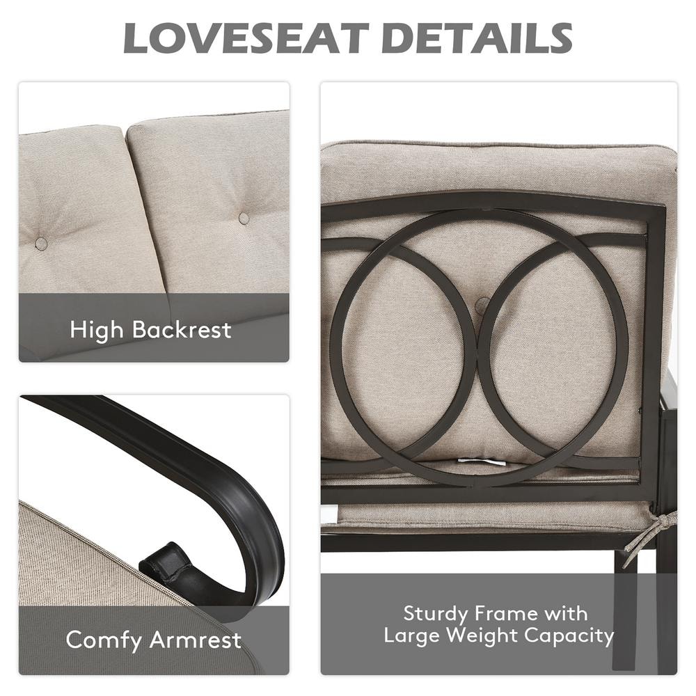 Modern Black Steel Outdoor Loveseat with Beige Cushions and Coffee Table