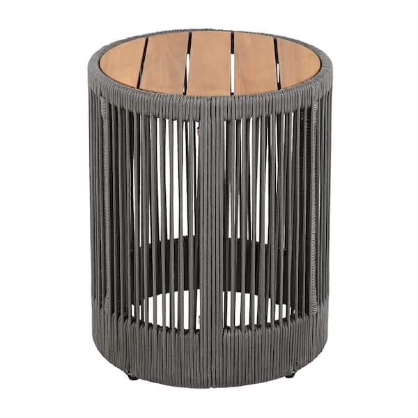 Unbranded Rattan Rope and Acacia Wood Gray Outdoor Side Table, Weather Resistant, for Patio Balcony Garden Yard, Simple Assembly