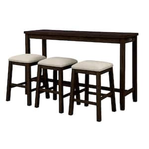 Brown 4-Piece Wood Rectangular Counter Height Table Outdoor Dining Set with Beige Fabric Padded Stools Cushions