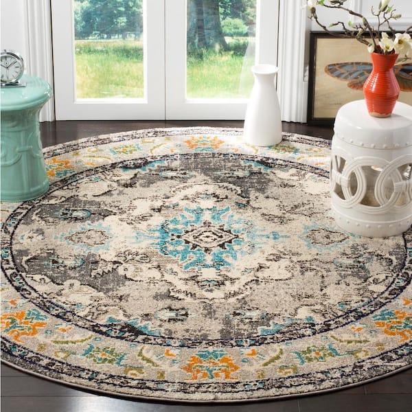 Monaco 9 ft. x 9 ft. Gray/Light Blue Round Border Area Rug