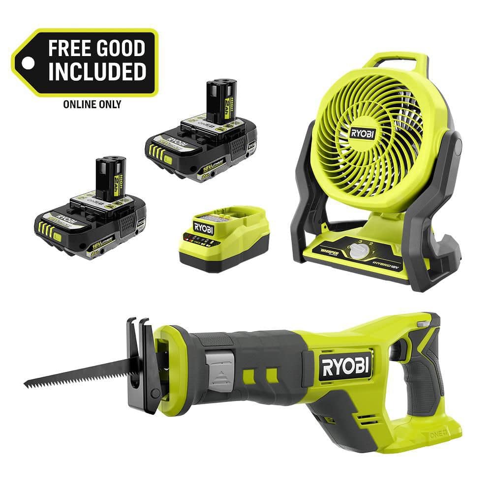 RYOBI ONE+ 18V Cordless Hybrid 7.5 in. Fan Kit w/ (2) 2Ah Batteries ...
