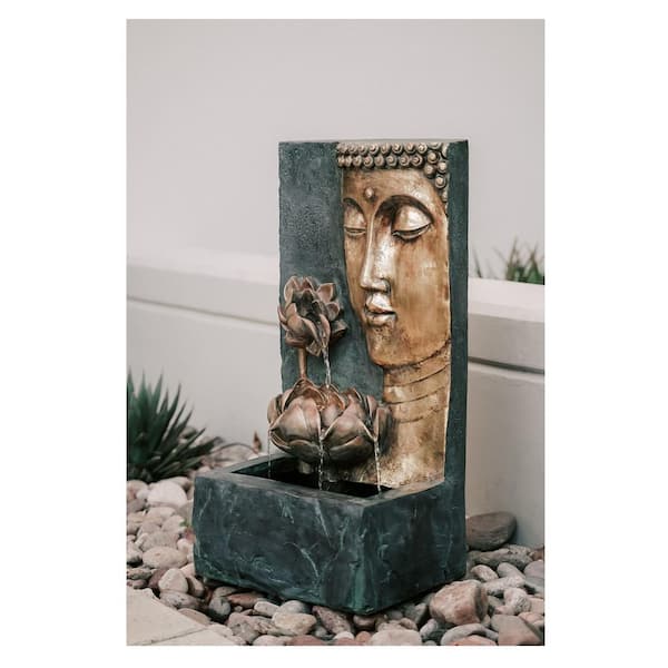 Xbrand 30 in. H Zen Buddha Face Water Fountain w/ LED light & Pump, Indoor/Outdoor Freestanding, Bronze and Natural Grey