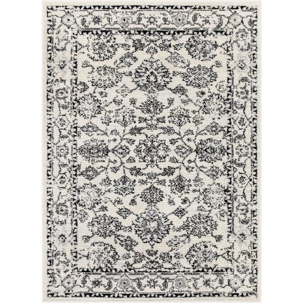 Ivory Grey 5 ft. 3 in. x 7 ft. Mystic Palace Vintage Oriental Botanical Border Area Rug