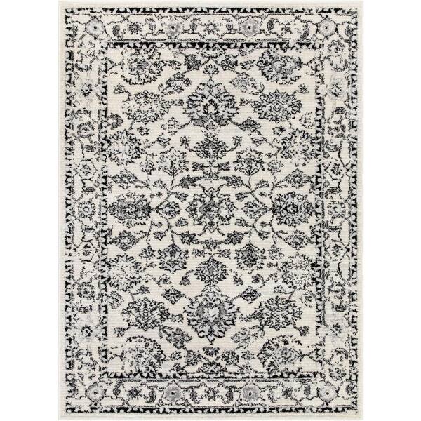 Well Woven Ivory Grey 7 ft. 10 in. x 9 ft. 10 in. Mystic Palace Vintage Oriental Botanical Border Area Rug