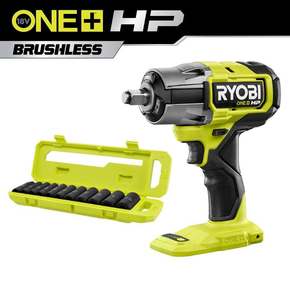RYOBI ONE+ HP 18V Brushless Cordless 4-Mode 1/2 in. Impact Wrench (Tool Only) w/ 1/2 in. Metric Deep Impact Socket Set (11-PC) P262-RHMTIS31102 - The Home Depot