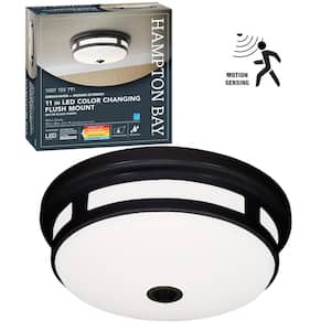 11 in. Round Black Exterior Outdoor Motion Sensing LED Ceiling Light 5 Color Temperature Options Wet Rated 830 Lumens