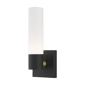 Aspen 11.25 in. 1-Light Textured Black ADA Wall Sconce with Satin Opal White Twist Lock Glass