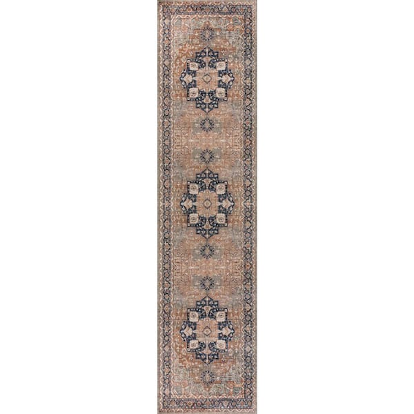 Maris Ornate Medallion Machine-Washable Beige/Blue 2 ft. x 8 ft. Runner Rug
