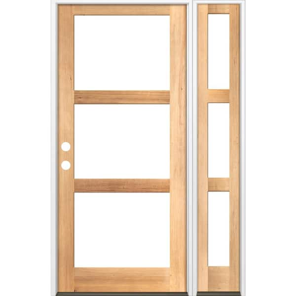 Krosswood Doors 56 in. x 96 in. Modern Hemlock Right-Hand/Inswing 3-Lite Clear Glass Clear Stain Wood Prehung Front Door with Sidelite