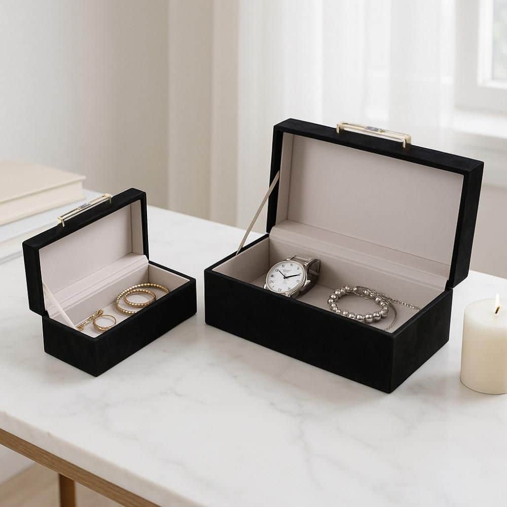 Black 14 in. and 12 in. MDF Suede Decorative Boxes with Metal Handle (Set of 2)