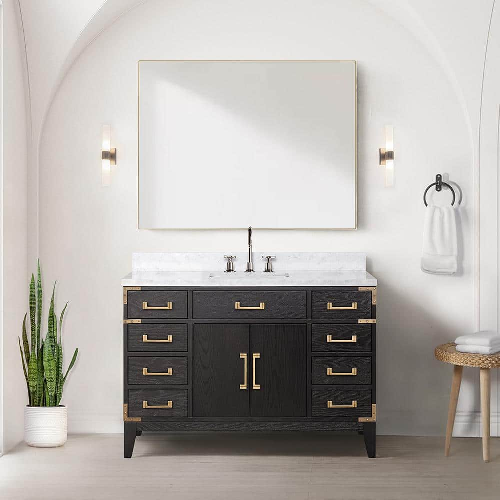 Fossa 48 in W x 22 in D Black Oak Single Bath Vanity, Carrara Marble Top, Faucet Set, and 46 in Mirror -  Lexora, LVF48SJ111