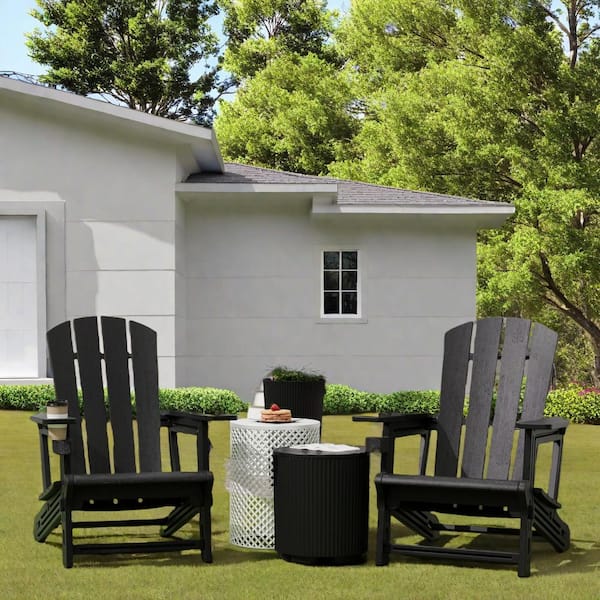 GWRGWR Black Lightweight Outdoor Plastic Patio Adirondack Chair, Assembles without Screws(Set of 2)