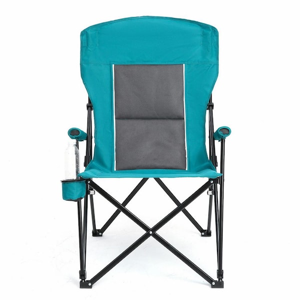 Blue Metal Folding Lawn Chair, Camping Folding Chair, Collapsible Arm Chair with Cup Holder, Portable for Outdoor