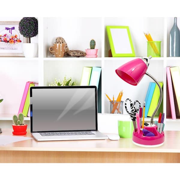 20 in. Pink Organizer Desk Lamp with Charging Outlet Lazy Susan Base