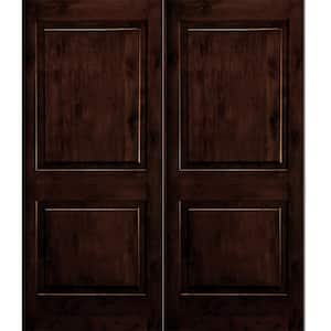 60 in. x 80 in. Rustic Knotty Alder 2-Panel Square Top Red Mahogony Stain Left-Hand Wood Double Prehung Front Door