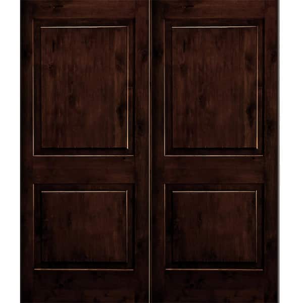 Krosswood Doors 64 in. x 80 in. Rustic Knotty Alder 2-Panel Square Top Red Mahogony Stain Left-Hand Wood Double Prehung Front Door