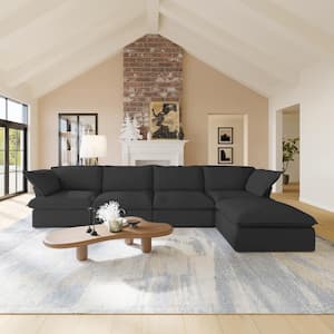 123 in. W Flared Arm 4-Piece Linen Modular Free Combination Sectional Sofa with Ottoman in. Black