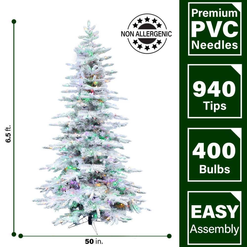 6.5-Ft Flocked Pine Valley Christmas Tree with Multicolor LED Lights