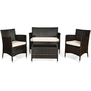 4-Pieces Wicker Outdoor Patio Conversation Set Rattan Sofa Set with CushionGuard Beige Cushions and Glass Table