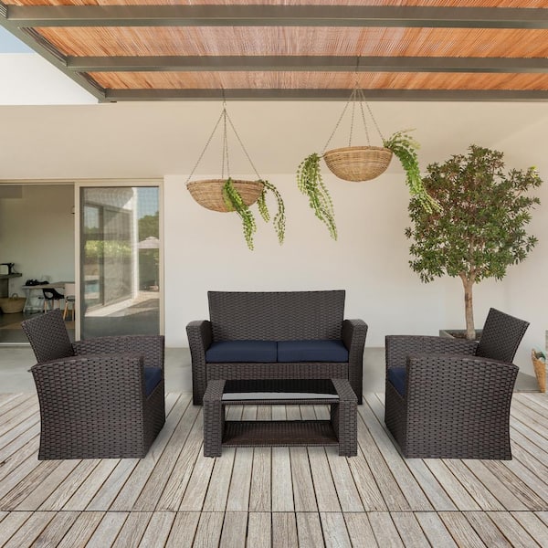 Hudson 4-Piece Chocolate Wicker Outdoor Patio Loveseat and Armchair Conversation Set,Navy Blue Cushions and Coffee Table