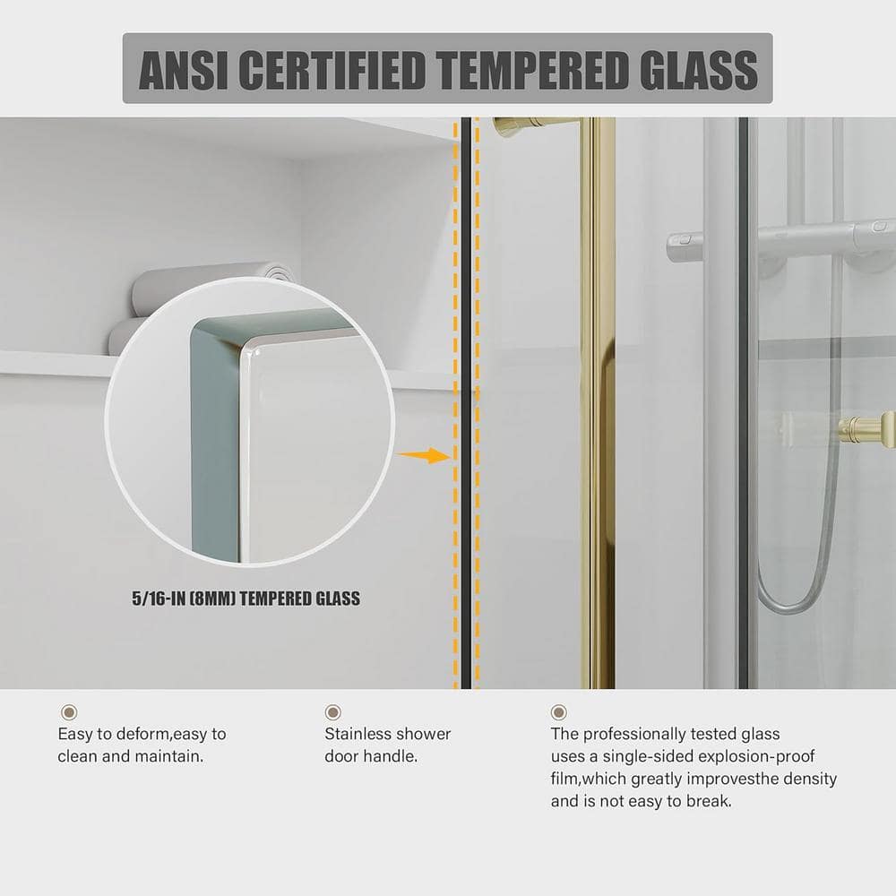 Golden Frameless Sliding Glass Shower Door with Stainless Steel Hardware