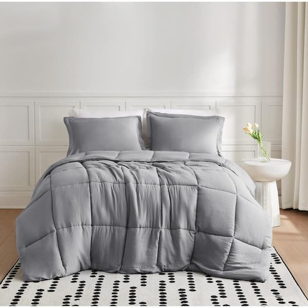 Garment Wash Solid Microfiber Grey King 3-Piece Comforter Set