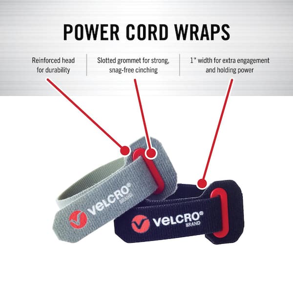 VELCRO Brand Power Cord Wraps, Heavy Duty Straps for Extension Cords,  Garage or RV Organization, Slotted Grommet for Strong Snag Free Cinching