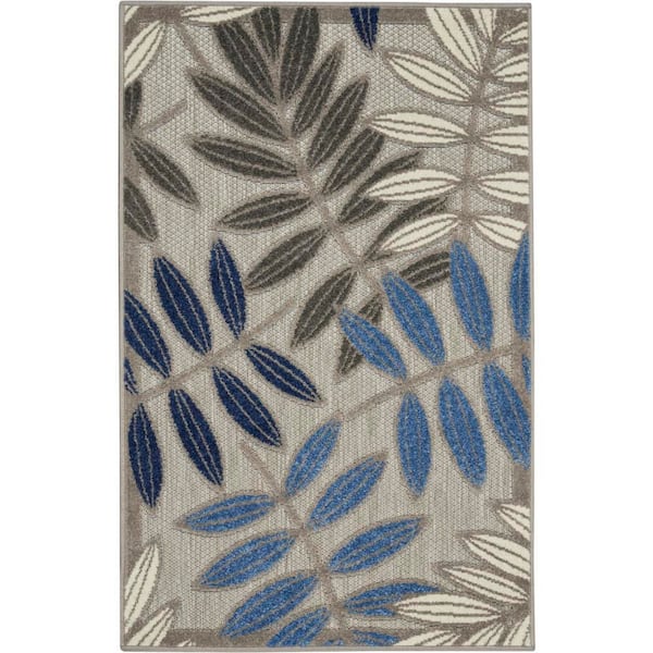Aloha Grey Blue 2 ft. x 3 ft. Indoor/Outdoor Botanical Contemporary Area Rug