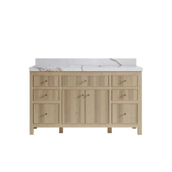 Willow Collections Sonoma Oak 60 in. W x 22 in. D x 36 in. H Single Sink Bath Vanity in White Oak with 2 in. Calacatta Gold Quartz Top
