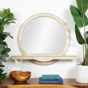 30 in. x 36 in. 1 Shelf Round Framed Light Brown Wall Mirror with Silver Beaded Outline