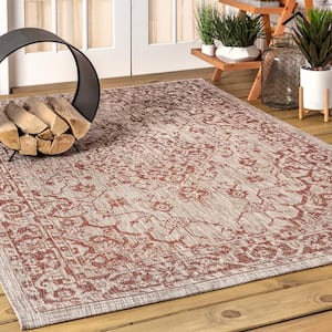 Rozetta Red/Taupe 9 ft. x 12 ft. Boho Medallion Textured Weave Indoor/Outdoor Area Rug
