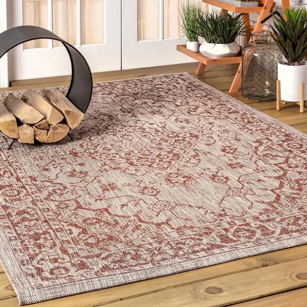 JONATHAN Y Rozetta Red/Taupe 9 ft. x 12 ft. Boho Medallion Textured Weave Indoor/Outdoor Area Rug
