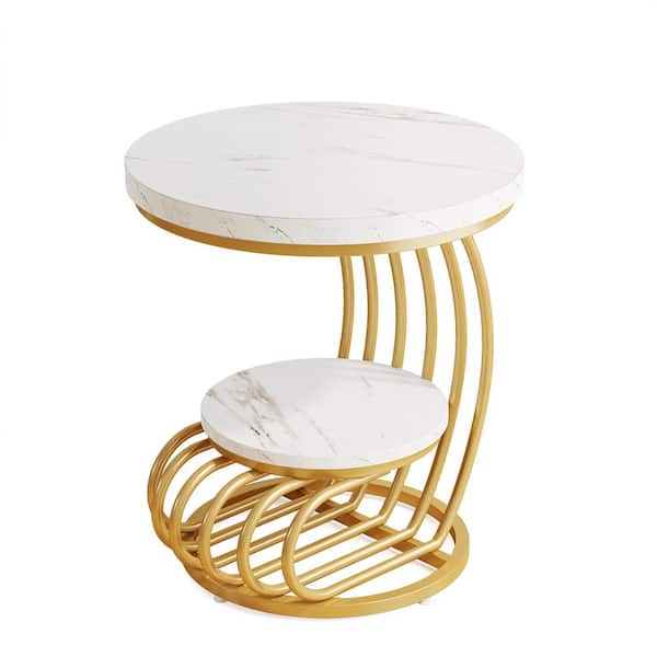 BYBLIGHT 19.68 in. Width White Wood and Metal C-Shape End Table, Vintage Round Side Table Living Room Bedroom