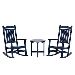 Laguna 3-Piece Classic Outdoor Patio Fade Resistant Plastic Rocking Chairs and Round  Side Table Set in Navy Blue