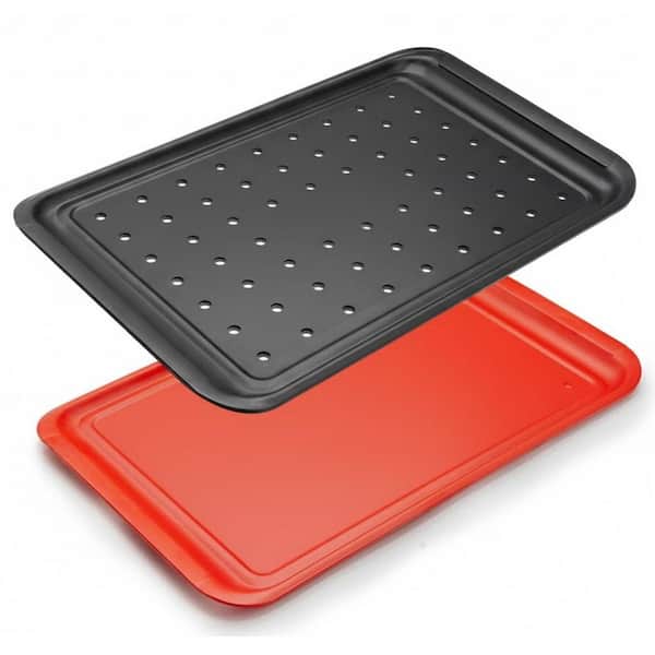 Black Red Melamine Kitchen Tray Set with Stackable Prep and Serving Features for BBQ Marinating and Plating, 2Pcs