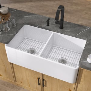 33 in. Farmhouse Kitchen Sink Double Bowl White Fireclay Sink Large Apron-front Kitchen Sink with Bottom Grid & Strainer