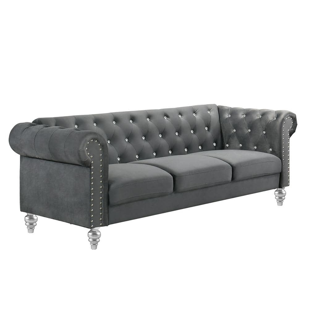 Emma Gray Velvet Chesterfield Loveseat and Sofa Set with Crystal Buttons