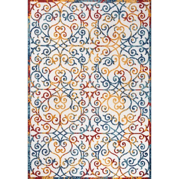 Atrani Scroll Cream/Blue/Red 5 ft. x 8 ft. Trellis Indoor/Outdoor Area Rug