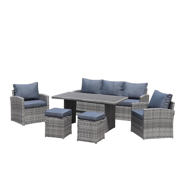 Sireck 6-Piece Wicker Outdoor Dining Chair and Coffee Sofa with Light Gray Cushions