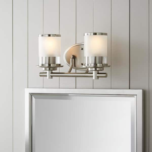 Truitt 14.2 in. 2-Light Brushed Nickel Modern Transitional Vanity with Frosted and Clear Edge Glass Shades