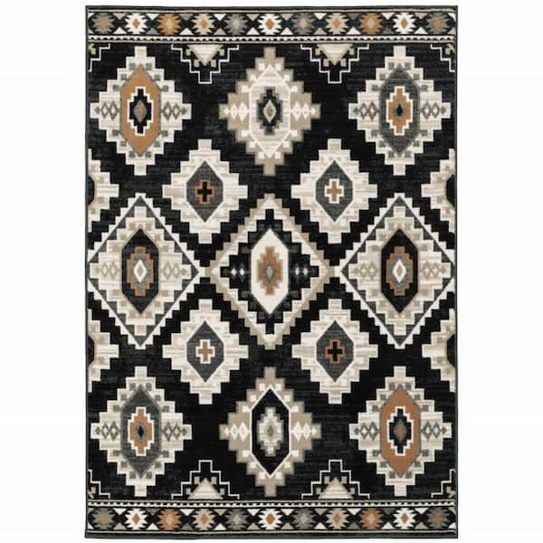 HomeRoots 4' X 6' Black Grey Tan Orange And Ivory Southwestern Power Loom Stain Resistant Area Rug