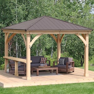 Meridian 12 ft. x 12 ft. Premium Cedar Outdoor Patio Shade Gazebo with a 12 ft. Bar Counter and Brown Aluminum Roof