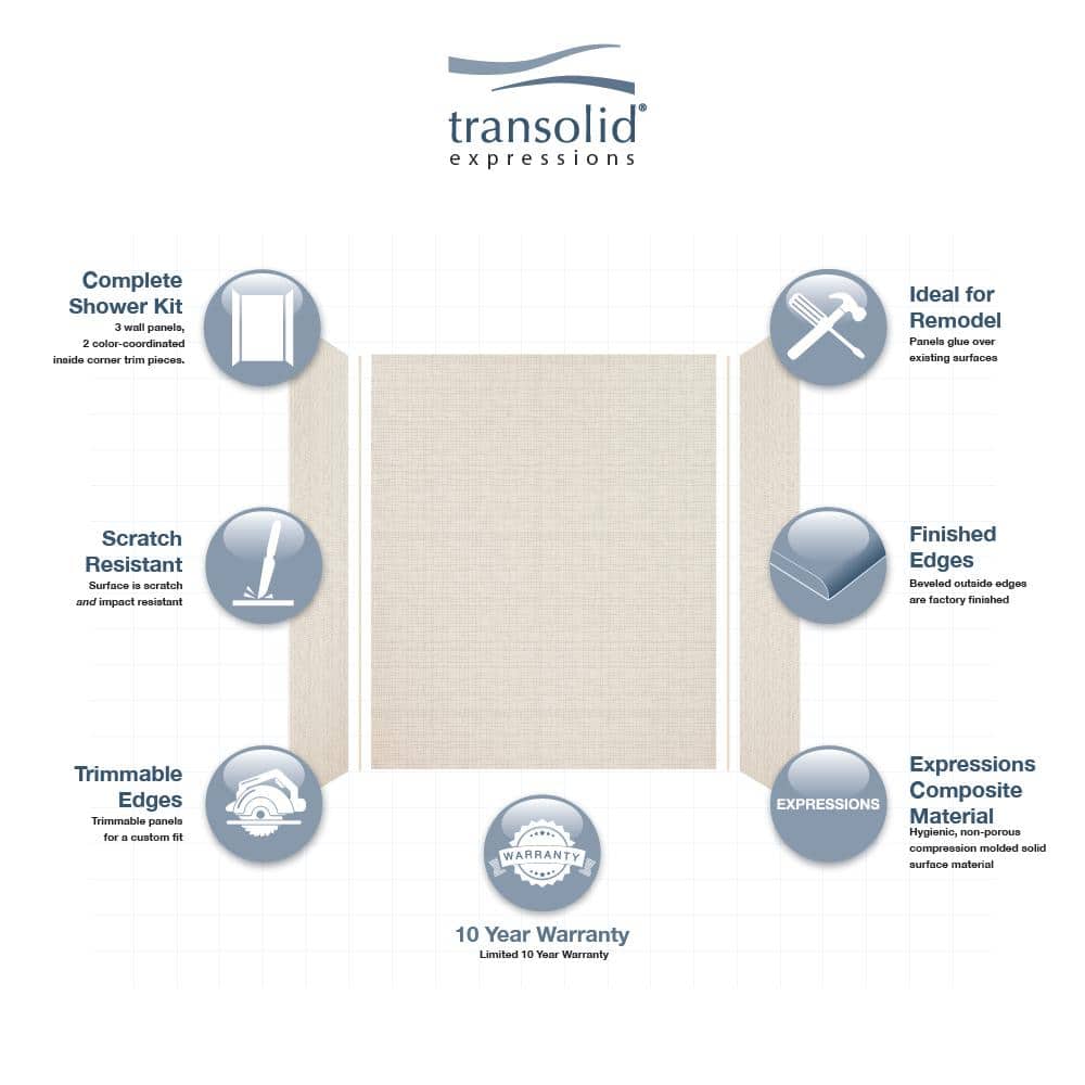 Cameo Solid Surface 3-Piece Shower Wall Kit, 36" x 60" x 72"