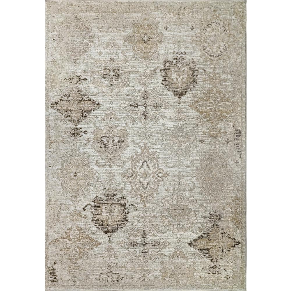Dynamic Rug Ivory Dynamic Rugs Momentum Ivory/Grey/Taupe 2 ft. 2 in. X 7 ft. 7 in. Damask ...