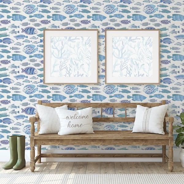 Aqua and White Marine Fish Vinyl Peel and Stick Wallpaper Roll (Covers 28 sq. ft.)