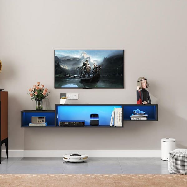65 in. W x 9 in. D Black Composite Decorative Wall Shelf, Floating Entertainment Center Wall Mounted Floating TV Stand