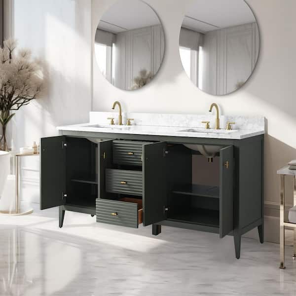 60 in. W x 22 in D x 38 in. H Double Sink Bath Vanity Cabinet in Linear Vintage Green with White Engineered Marble Top